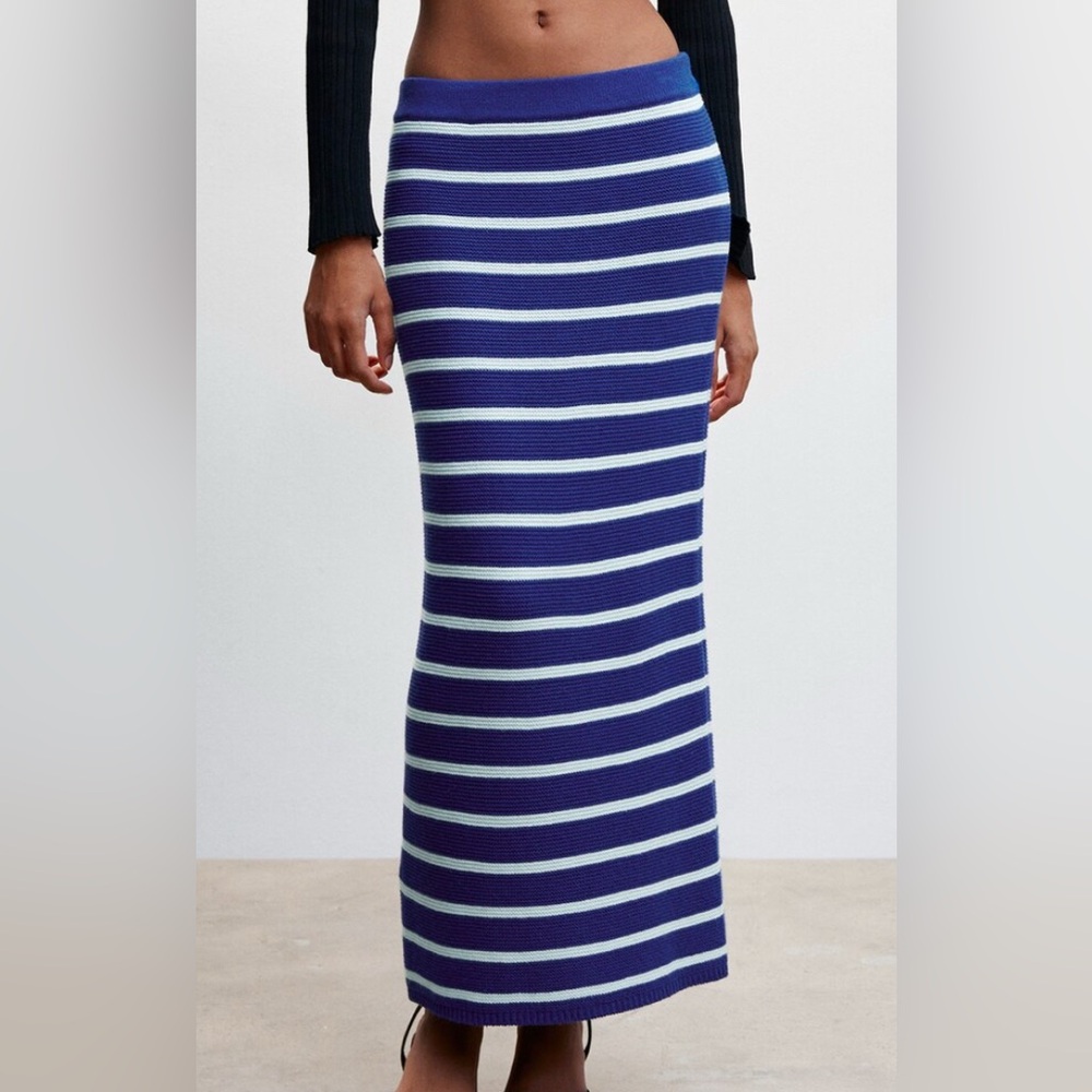 MANGO Blue and White Striped Knit Midi Skirt